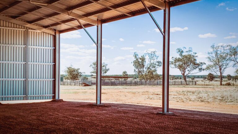 An Open Front Farm Shed with universal columns for mechanical impact proofing. The shed is a cold formed, welded and bolted shed from R&F Steel Buildings.