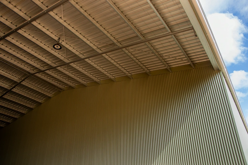 Roof flashing detail on the steel farm shed for pest management