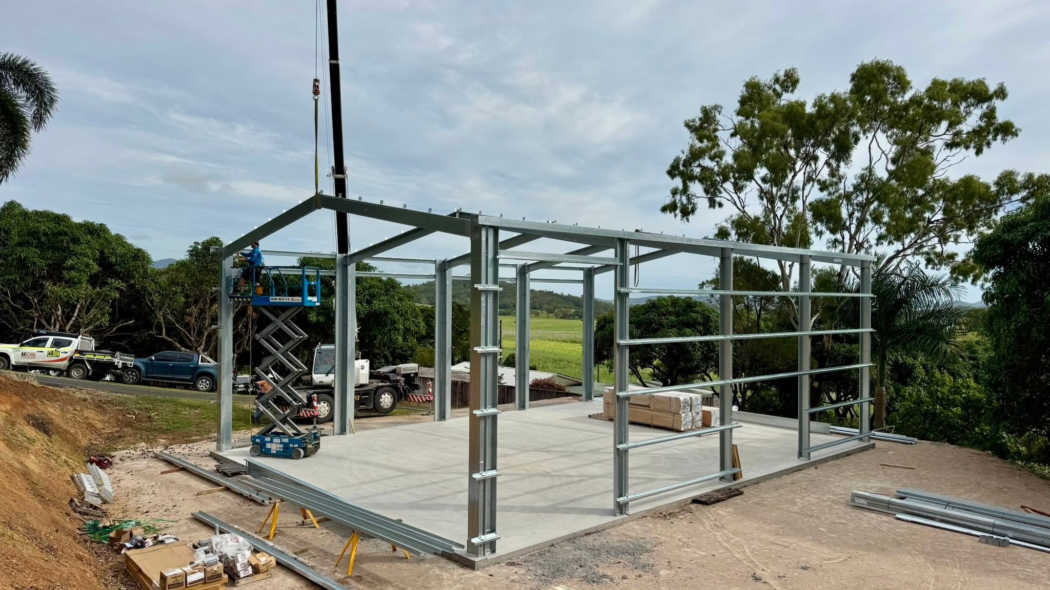 Welded portal frames being erected for a custom shed in Habana near Mackay