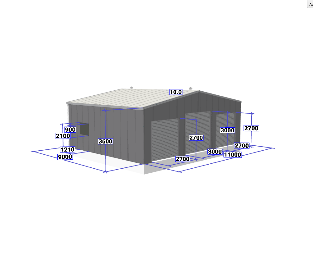 3D model of the rural triple bay garage in Diddillibah showing building dimensions and measurements